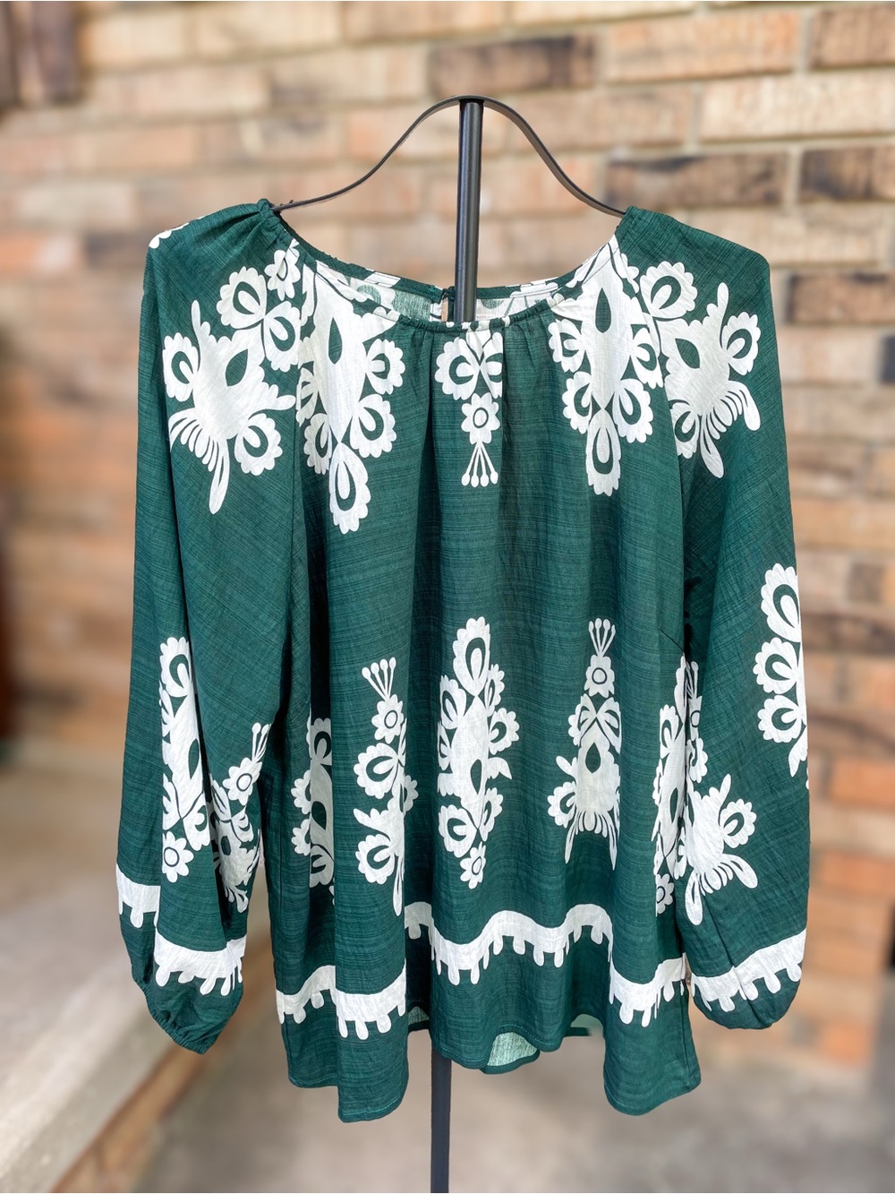 Umgee Green Ivory Folk Floral Print Balloon Sleeve Blouse XL Boho